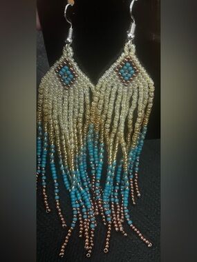 Beaded Fringe Statement Earrings - Turquoise & Gold